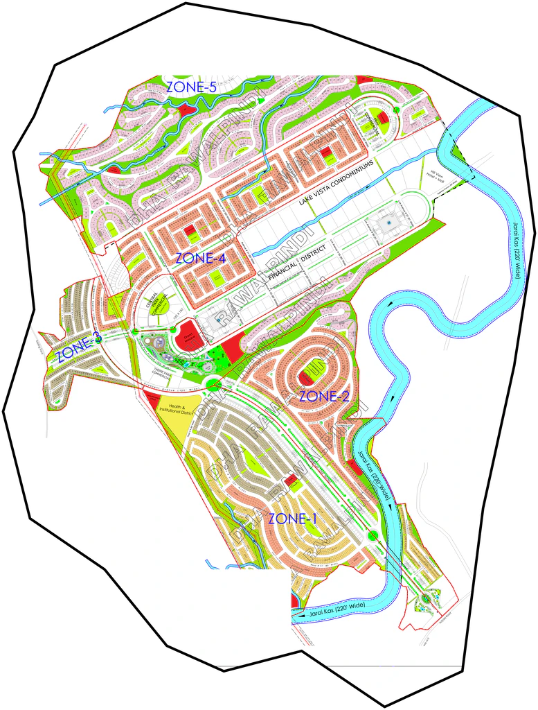 DHA River View South layout map showing residential zones, roads and planned amenities