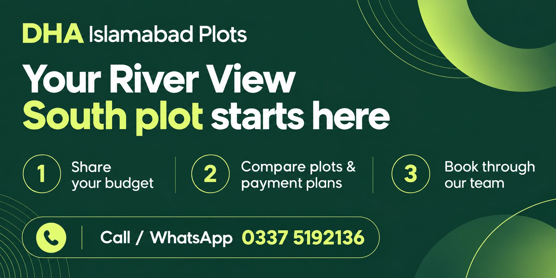 DHA Islamabad Plots: share your budget, compare plots and payment plans, book through our team. Call or WhatsApp 0337 5192136.